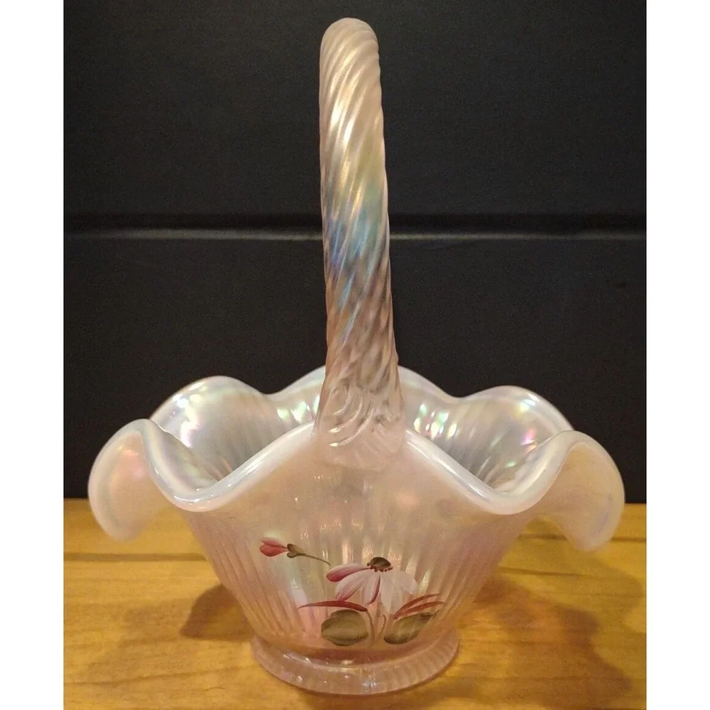 Fenton Iridescent Pink Butterfly & Daisy‎ Hand Painted Ruffed Basket